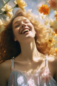 Femme posant avec des fleurs, symbolisant la croissance personnelle et le bien-être, reflétant l'accompagnement offert par MouvZone pour aider à épanouir les individus dans leur vie personnelle et professionnelle.