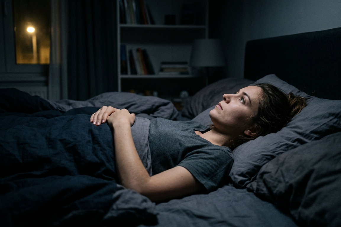 femme allongée dans le noir yeux ouverts qui rejoue une scène en boucle sans pouvoir dormir