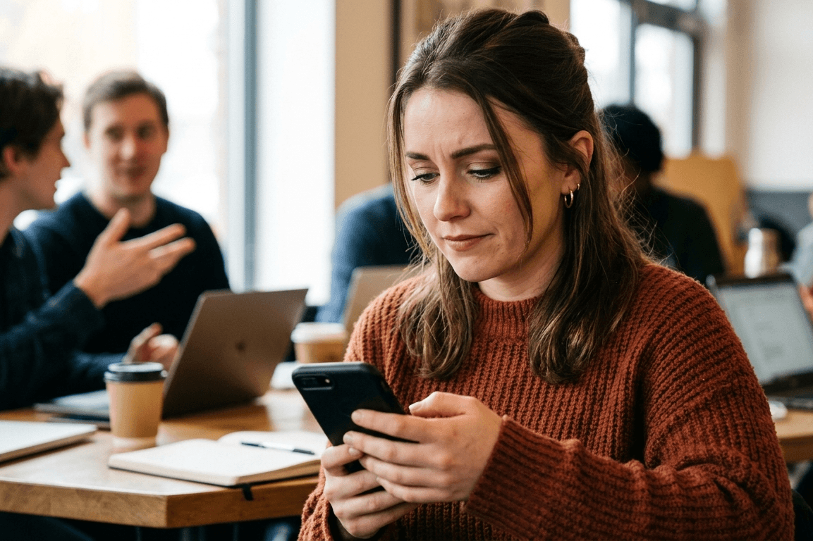 femme juste après avoir dit ce qu'elle pensait hésitant entre fierté et regret