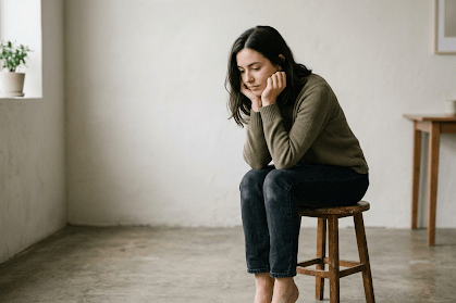 femme assise coudes sur les genoux regard perdu qui tourne en tond intérieurement