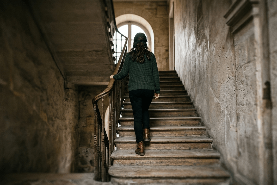 femme de dos à mi-chemin d'un escalier ni en haut ni en bas entre deux vies