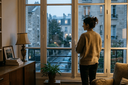 femme de dos devant une fenêtre qui regarde ailleurs malgré un cadre de vie stable
