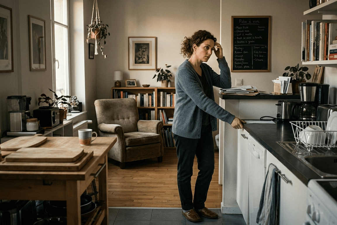 femme debout dans une pièce regard circulaire épaules chargées par la gestion de tout