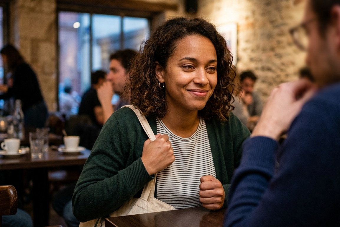 femme qui sourit en conversation mais retient ce qu'elle voulait vraiment dire