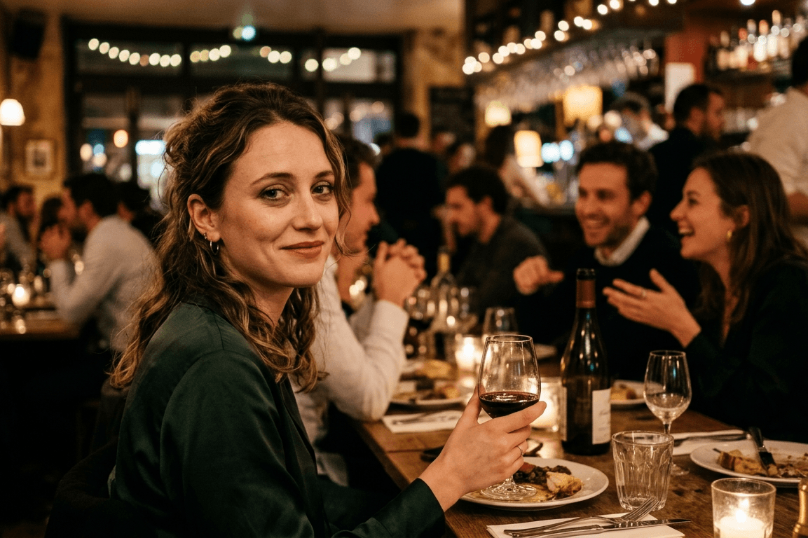 femme qui sourit en soirée alors qu'elle n'avait pas envie d'être là et qu'elle l'a dit oui par réflexe