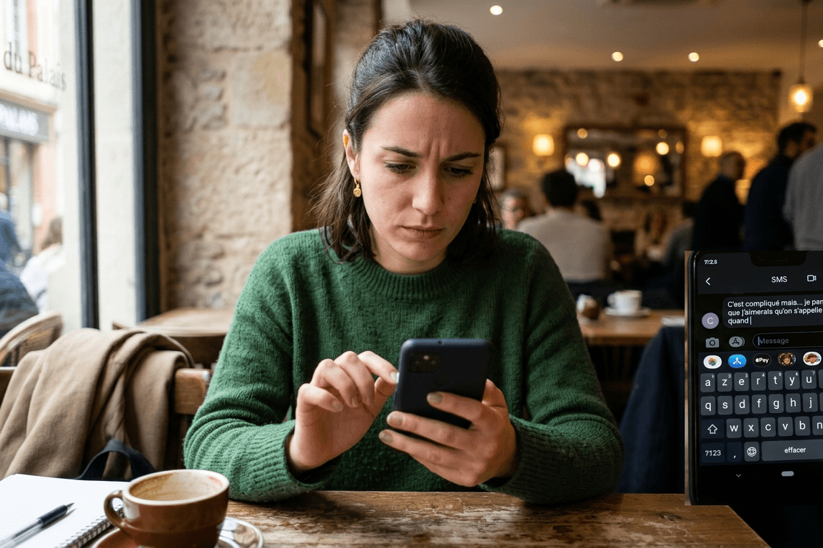 femme qui hésite à envoyer un message sur son téléphone en anticipant la réaction de l'autre